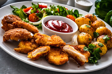 Fried breaded chicken nuggets with fried potatoes  and fresh vegetables
