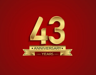 43 years anniversary golden design color with ribbon with red background can be use for template, party and special celebration moment