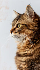 on a light background, the face of a tabby cat in profile