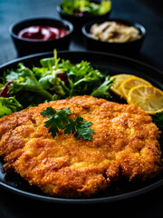 Breaded fried pork chop and fresh vegetables on black table

