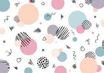 Abstract hand drawn circles with line pattern memphis style pastel color on white background.