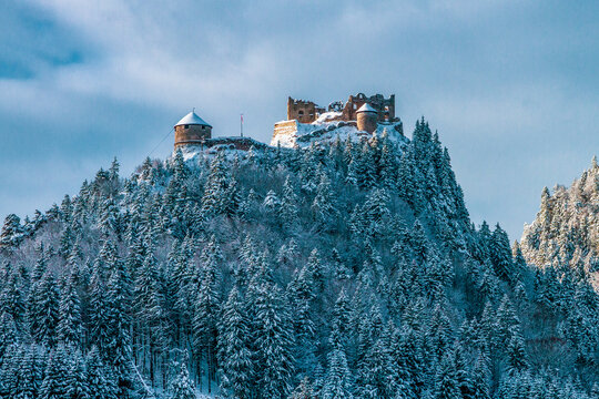 view of the medieval castle ruin Ehrenberg in Austria. Winter landscape.