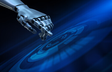 Hand of a robot pressing on a digital screen. 3D rendered illustration