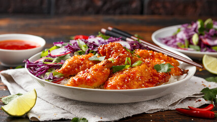 Korean Fried chicken with red cabbage salad and white rice. Asian food