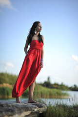  woman summer long red dress outdoor