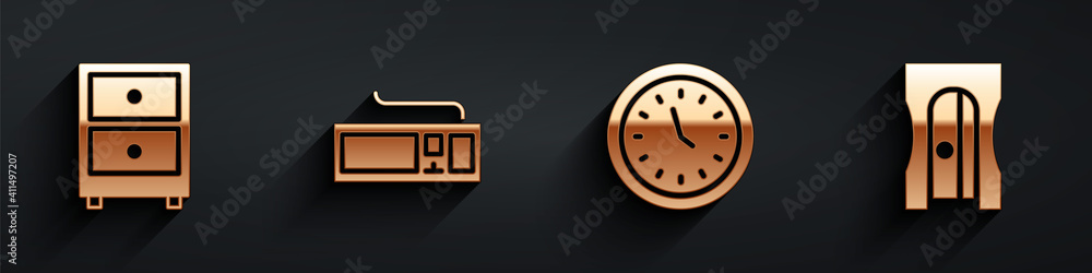 Poster set drawer with documents, keyboard, clock and pencil sharpener icon with long shadow. vector.