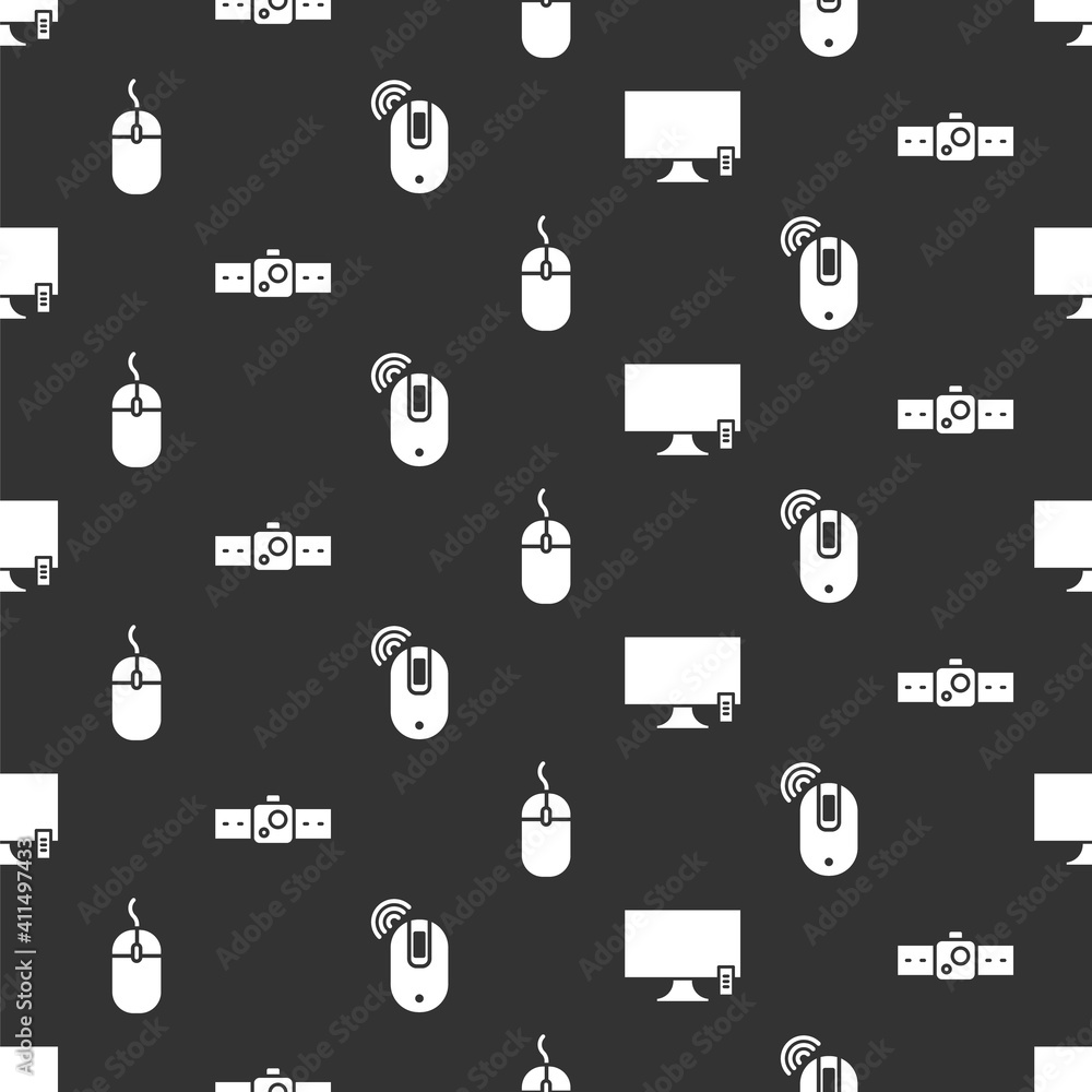 Poster set smart tv, smartwatch, computer mouse and wireless computer mouse on seamless pattern. vector.