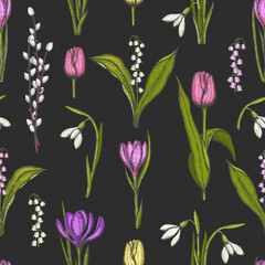 Spring seamless pattern with hand drawn flowers lilies of the valley, willow, tulip, snowdrop, crocus. Pattern can be used for wallpaper, web page background, surface textures.