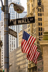 Sign of Wall Street in New York on a street lamp with three American flags and buildings in the background