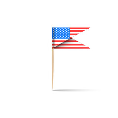USA paper flag burger stick with a toothpick with shadow isolated white background, design element for America geolocation, realistic 3d vector illustration