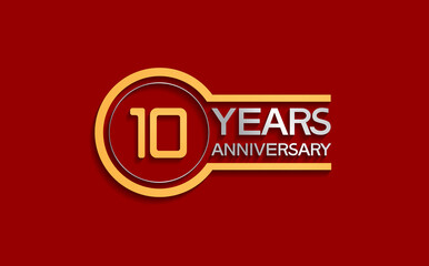 10 years anniversary golden and silver color with circle isolated on red background use for party and celebration special moment