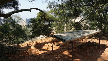 a bamboo bench at the Flame Mountain Loop in the Huoyanshan Nature Reserve close to Yuanli Township, Miaoli, Taiwan, January