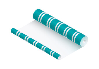 Isometric vector illustration striped wallpaper roll isolated on white background. Realistic colorful roll of wallpaper icon in flat cartoon style. Wallpaper sticking. Renovation and reconstruction.