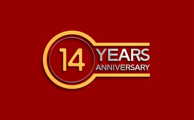 14 years anniversary golden and silver color with circle isolated on red background use for party and celebration special moment