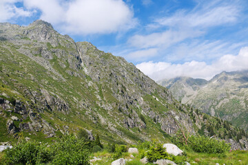 Fototapeta na wymiar Bellissima vista sulle montagne dal sentiero che porta ai laghi Cornisello nella Val Nambrone in Trentino, viaggi e paesaggi in Italia