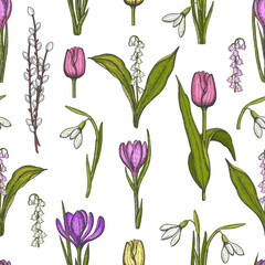 Spring seamless pattern with hand drawn flowers lilies of the valley, willow, tulip, snowdrop, crocus. Pattern can be used for wallpaper, web page background, surface textures.