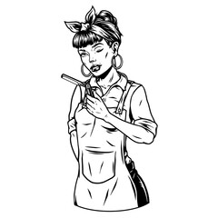 Beautiful winking barber woman