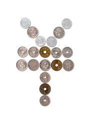 Japanese coins create like a yen simbol on white background for Japanese financial concept