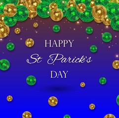 Fototapeta na wymiar Happy St. Patrick's Day. Banner with gold and green coins. Coins with clover and inscription. Blue-brown gradient. Banner for web pages, textiles, postcards, stationery, posters