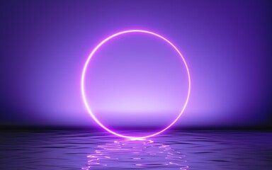 3d render, abstract geometric background, glowing pink ring, neon round frame and reflection in the water. Minimal futuristic blank showcase scene for product presentation - obrazy, fototapety, plakaty