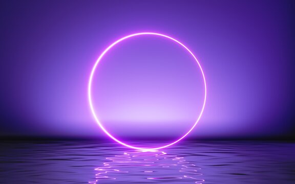 3d render, abstract geometric background, glowing pink ring, neon round frame and reflection in the water. Minimal futuristic blank showcase scene for product presentation