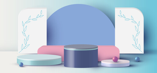 3D rendering with podium cylinder, sphere, rectangle abstract minimal scene with geometric platform on blue background