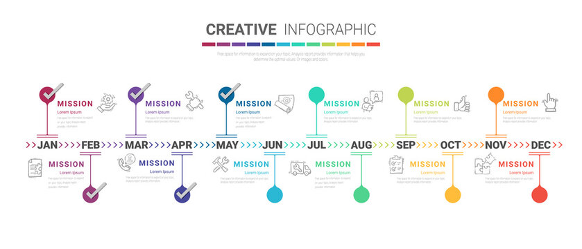 Timeline infographics Full year, All month planner design and Presentation business can be used for Business concept with 12 options.