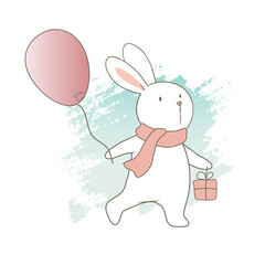 Cute Bunny Rabbit holding Balloon and Gift Box. Valentine’s day Greeting card.
Drawing isolated on black background.
