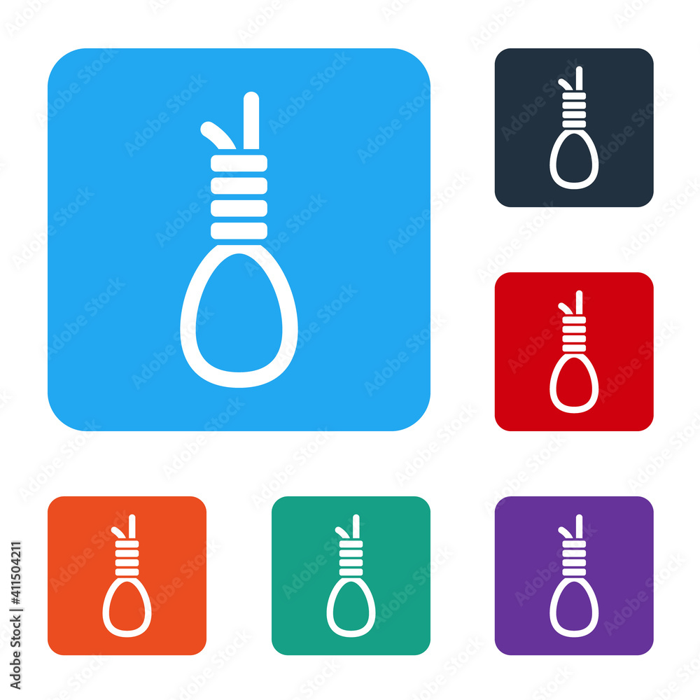 Poster white gallows rope loop hanging icon isolated on white background. rope tied into noose. suicide, ha
