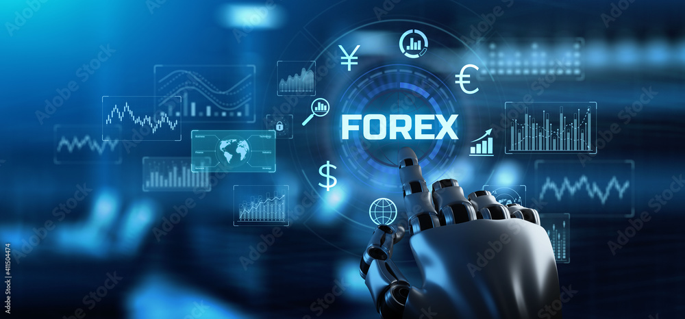 Poster forex stock trading robot, finance and technology process automation concept. robotic arm 3d renderi