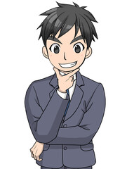 笑顔で顎に指を当てているスーツの男性