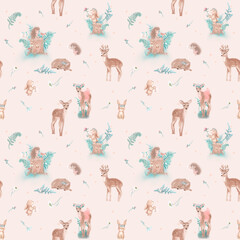Woodland animals seamless repeat tile pattern on beige background. Deers, bunny, hedgehog, flowers and leaves girly room pastel vintage illustration