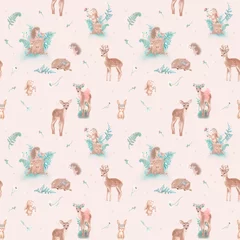 Woodland animals seamless repeat tile pattern on beige background. Deers, bunny, hedgehog, flowers and leaves girly room pastel vintage illustration © Fleur*Design