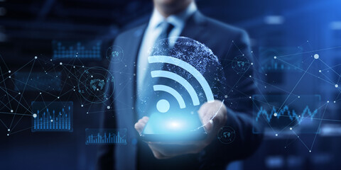 Global internet connection, Wifi 5G telecommunication concept on virtual screen - obrazy, fototapety, plakaty