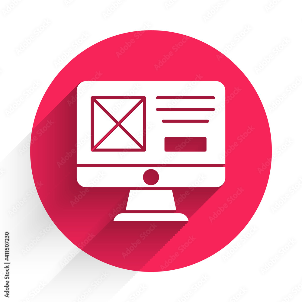 Poster White UI or UX design icon isolated with long shadow. Red circle button. Vector.