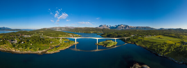 Panorama Beautiful Nature Norway natural landscape. Whirlpools of the maelstrom of Saltstraumen,...