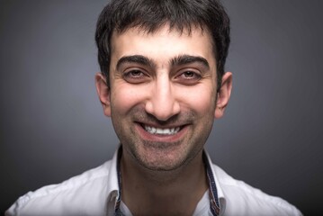 Portrait of caucasian man with brown eyes expressing positive emotions in studio, with grey background