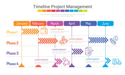 Fototapeta na wymiar Project timeline graph for 6 months, Half a month planner design and Presentation business project.
