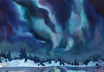 big beautiful northern lights at night in the snow watercolor artwork