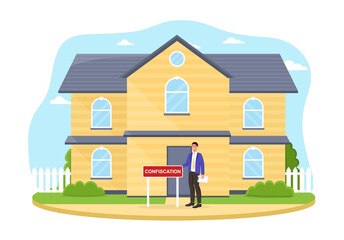 Male character is confiscating big house. Concept of judging auction of real estate house attached to mortgage and confiscated with debt. Flat cartoon vector illustration