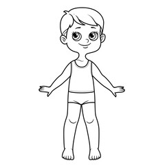 Cute cartoon boy dressed in underwear barefoot outline for coloring on a white background