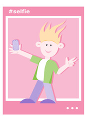 Vector illustration of a guy taking a selfie. A long-haired guy on a pink background in the form of a social network icon makes a selfie and smiles. Selfie time