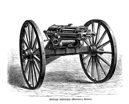 Gatling rapid-firing multiple-barrel machine gun invented in 1861 by Richard Jordan Gatling,  each barrel sequentially loads a single round of cartridge and fires off the shot as a revolver cannon