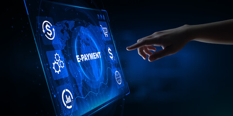 E-payment. Digital money online banking financial technology concept. Hand pressing button