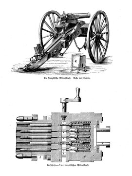 French mitrailleuse, machine gun mounted on chassis lafette, with detail of cartridge magazine and loading mechanism, end of 19th century