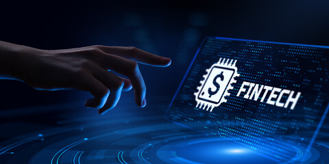 Fintech Financial technology online banking. Hand pressing virtual button