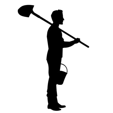 recommend clip art: Gardener farmer silhouette stands with a shovel and a garden bucket for planting