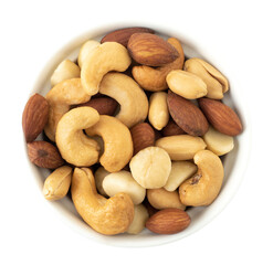 Nuts in top view circle shaped ceramic bowls isolated on white background. Various nuts (almonds, macadamia, cashew, peanuts). Mix nut healthy ingredients food.