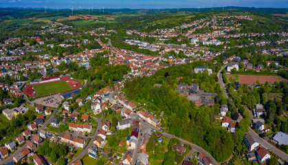 Aerial view around the city Ottweiler  in Germany on a sunny spring day