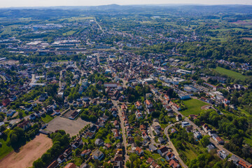 Aerial view around the city Sankt Wendel  in Germany on a sunny spring day